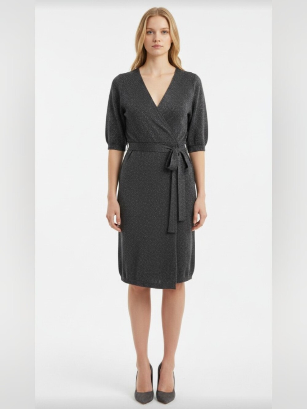 NWOT! LIZ CLAIBORNE! GORGEOUS CHARCOAL GRAY & SILVER METALLIC BELTED DRESS! SZ M